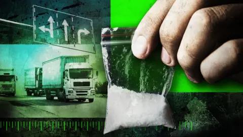 BBC Treated image showing fingers holding a small bag of white powder - ketamine - in the foreground. In the background are images of lorries and a motorway sign showing direction arrows.