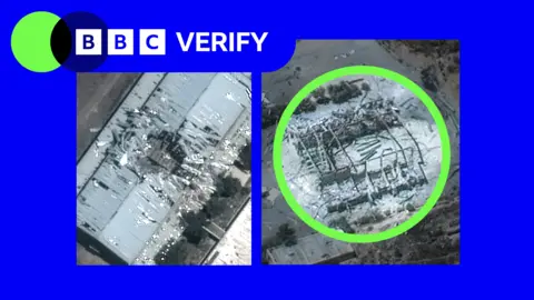 BBC A composite of satellite images from damage inflicted on Iranian military sites: Left: the roof of a building struck in Bid Kaneh military facility; Right: a destroyed structure at Kermanshah military base. Surrounded by BBC Verify branding