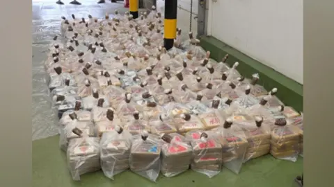 Border Force Plastic bags are secured around piles of drugs that appear to be wrapped in brown paper