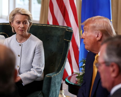 European Commission President Ursula von der Leyen sits with US President Donald Trump, after the announcement of a trade deal between the U.S. and EU, in Turnberry, Scotland.