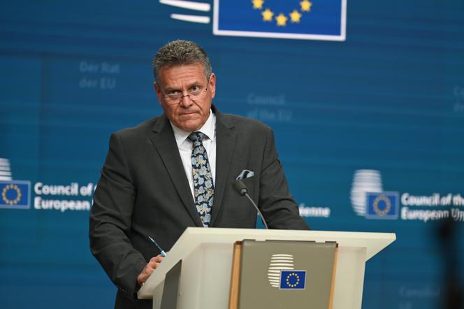 Maros Sefcovic, the European Commission trade commissioner, at a press conference in Brussels, July 14, 2025.