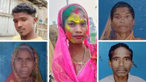 BBC The five members of the Oraon family that were lynched in Bihar - from left to right: Manjit Oraon, his grandmother Kato Devi, his wife Rani Devi, his mother Sita Devi and father Babulal Oraon