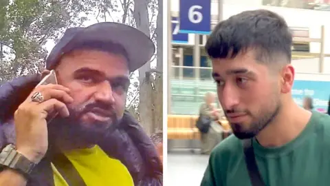 BBC A composite image of two men involved in the people-smuggling gang. On the left is a colourful picture of Abdullah in France, holding a phone to his ear and wearing a body warmer and baseball cap. On the right is a young man wearing a green sweatshirt, filmed on a UK train station concourse.