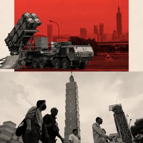 BBC A treated montage image showing people walk past the Taipei 101 skyscraper building in Taipei, Taiwan and also an image of Taiwan military Patriot air defense system deployed at a park as part of the annual Han Kuang military exercises, in Taipei, Taiwan