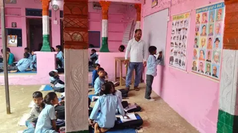 Riyaz Khan Children in uniforms study in a makeshift classroom in Mor Singh's residence at Piplodi village in the western state of India's Rajasthan