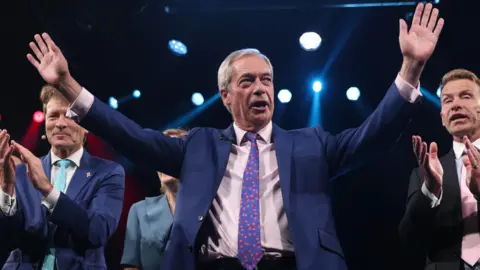 PA/Shutterstock Nigel Farage with his arms raised, acknowledges the crowd at the Reform conference. Beside him, two senior Reform figures applaud.