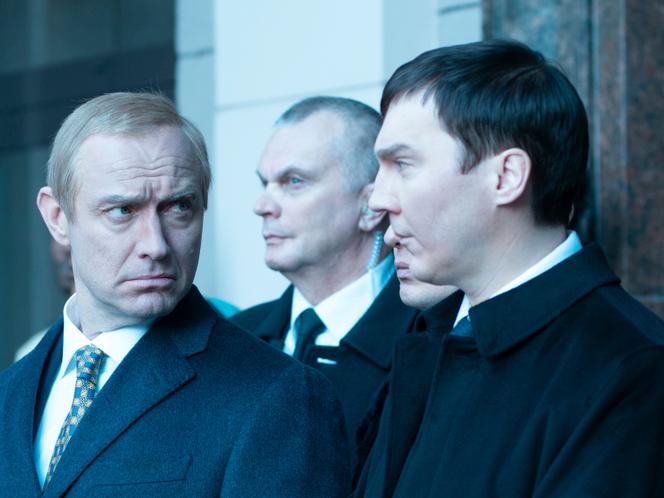 This image shows Jude Law, as Vladimir Putin, left, and Paul Dano, as Vadim Baranov, in a scene from 'The Wizard of the Kremlin.'