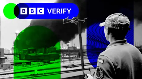 BBC A composite image showing a Ukrainian pilot using a drone. He is imposed over an image of a n oil refinery from which smoke is rising after a blast. 