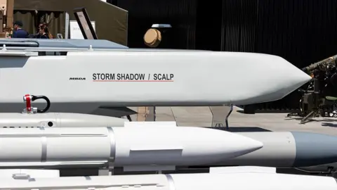 NurPhoto via Getty Images low-observable, long range air launched cruise missile displayed at Paris Air Show with the MBDA logo. The air to surface weapon from the European manufacturer MBDA at the company's booth at International Paris Air Show 2025 in Le Bourget Airport