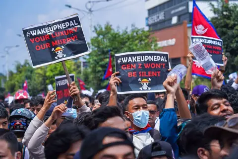 NurPhoto via Getty Images The Gen Z group protests against corruption and the ban on social media platforms by the government in Kathmandu, Nepal, on September 8, 2025. (Photo by Ambir Tolang/NurPhoto via Getty Images)
