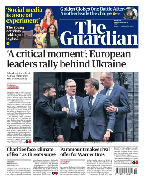 "'A critical moment': European leaders rally behind Ukraine," reads the headline on the front page of the Guardian. Below the headline, there is a photo of Sir Keir, Zelensky, French President Emmanuel Macron and German Chancellor Frederich Merz outside Number 10.