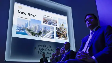 Getty Images Secretary of State Marco Rubio listens to a presentation about US plans for the "New Gaza", during the signing ceremony for President Donald Trump's new Board of Peace, at the World Economic Forum in Davos, Switzerland (22 January 2026)