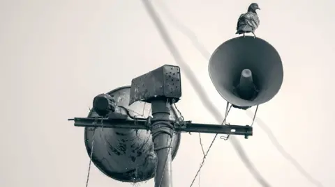 Getty Images A megaphone loudspeaker placed on the pole to spread message with a bird sitting on it.