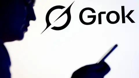 Getty Images Silhouette of a person holding a smartphone in front of Grok and X logo