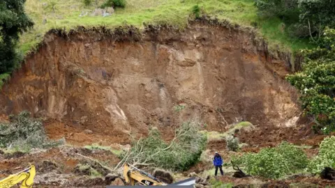 Reuters The aftermath of a landslide that shows a portion of green cliff that has given way, exposing dirt, collapsed trees and a person dressed in a blue jacket at the base, in Mount Maunganui, New Zealand.
