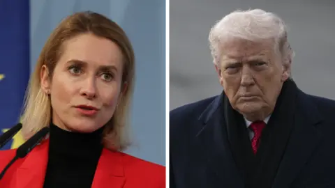 AFP via Getty Images Composit image of Donald Trump and Kaja Kallas. Both are looking towards the camera, Kallas has two microphones in front of her whereas Trump is outside wearing a navy coat and a red tie.