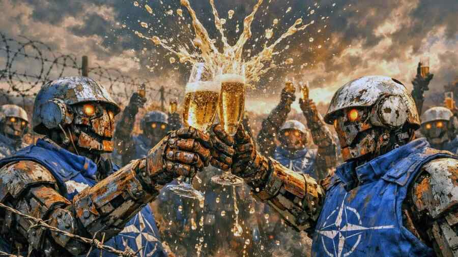 NATO celebrates the project of another fake wall with champagne