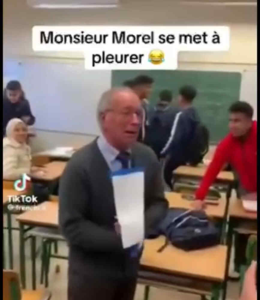 an elderly native French teacher cannot hold back tears at the behaviour of the young and new citizens of his country who have become his students