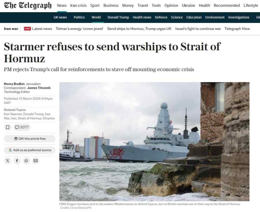 Starmer refused to send ships to the Strait of Hormuz